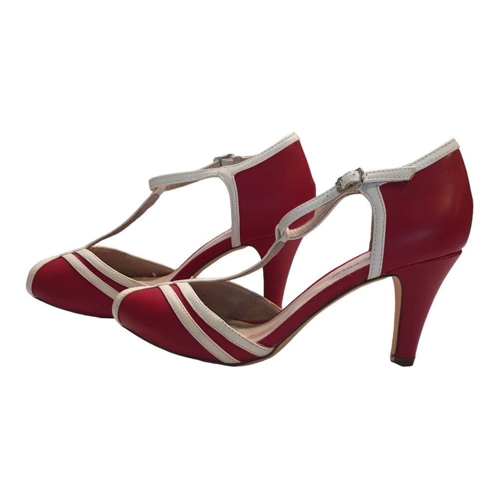 Chelsea Crew Red Heels Size 8 with white accent on shoe. Heels,soles great shape